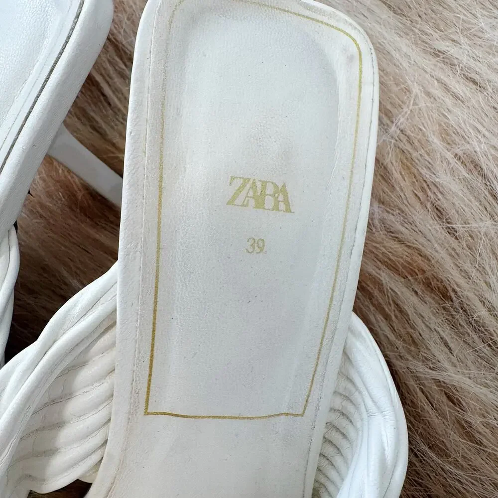 ZARA White Pleated Crossover Strap Heeled Mules Sandals Size 8.5 - Picture 6 of 8